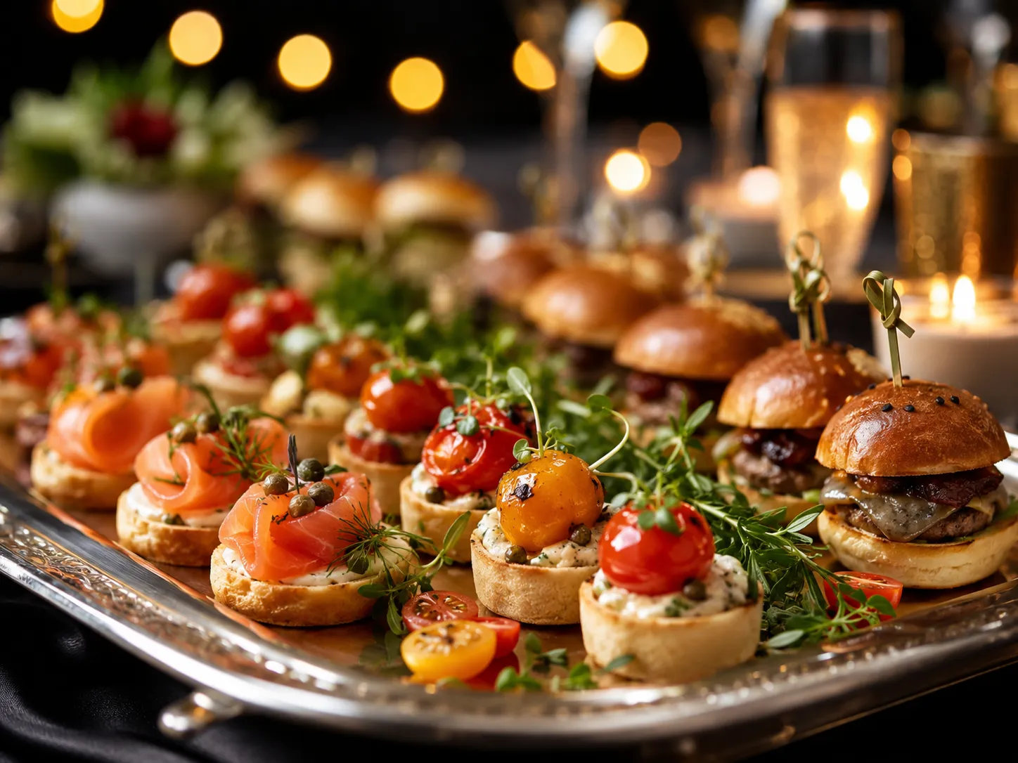 Canapés gourmet servidos en un evento de gala nocturno