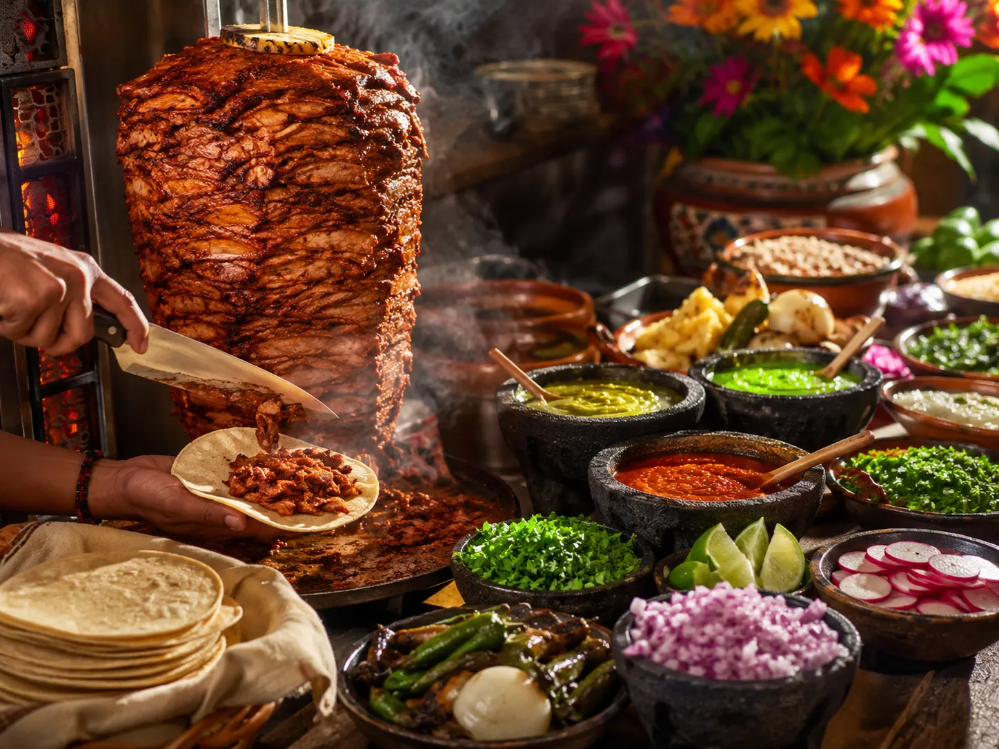 Buffet de taquiza con tacos de trompo y bisteck recién preparados