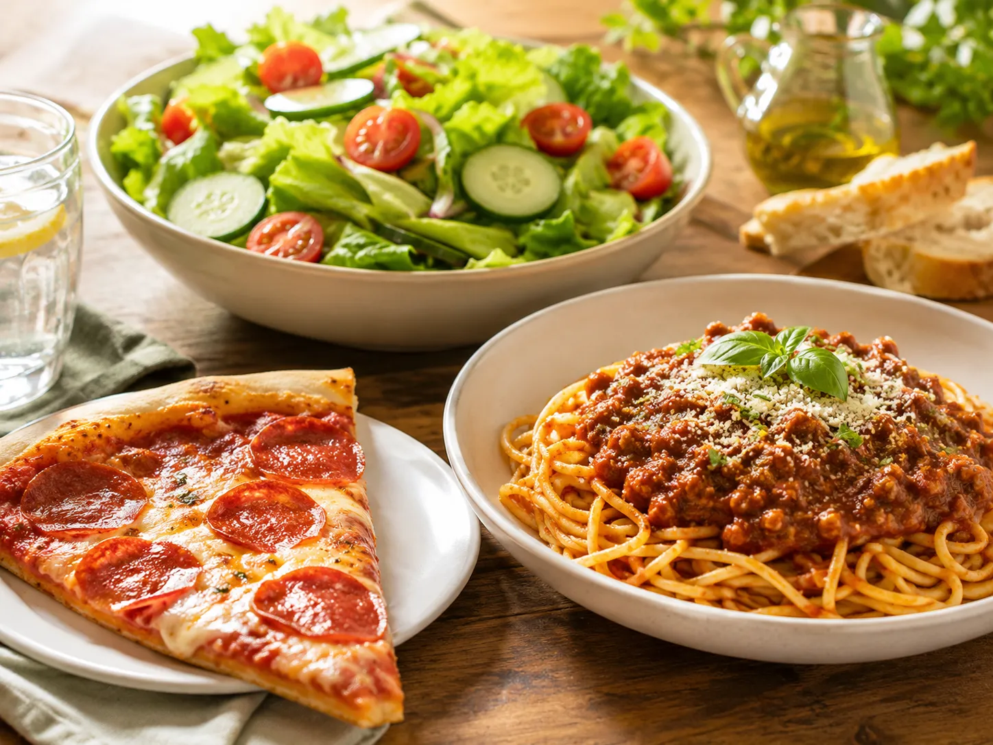 Buffet de pizza, pasta y ensalada