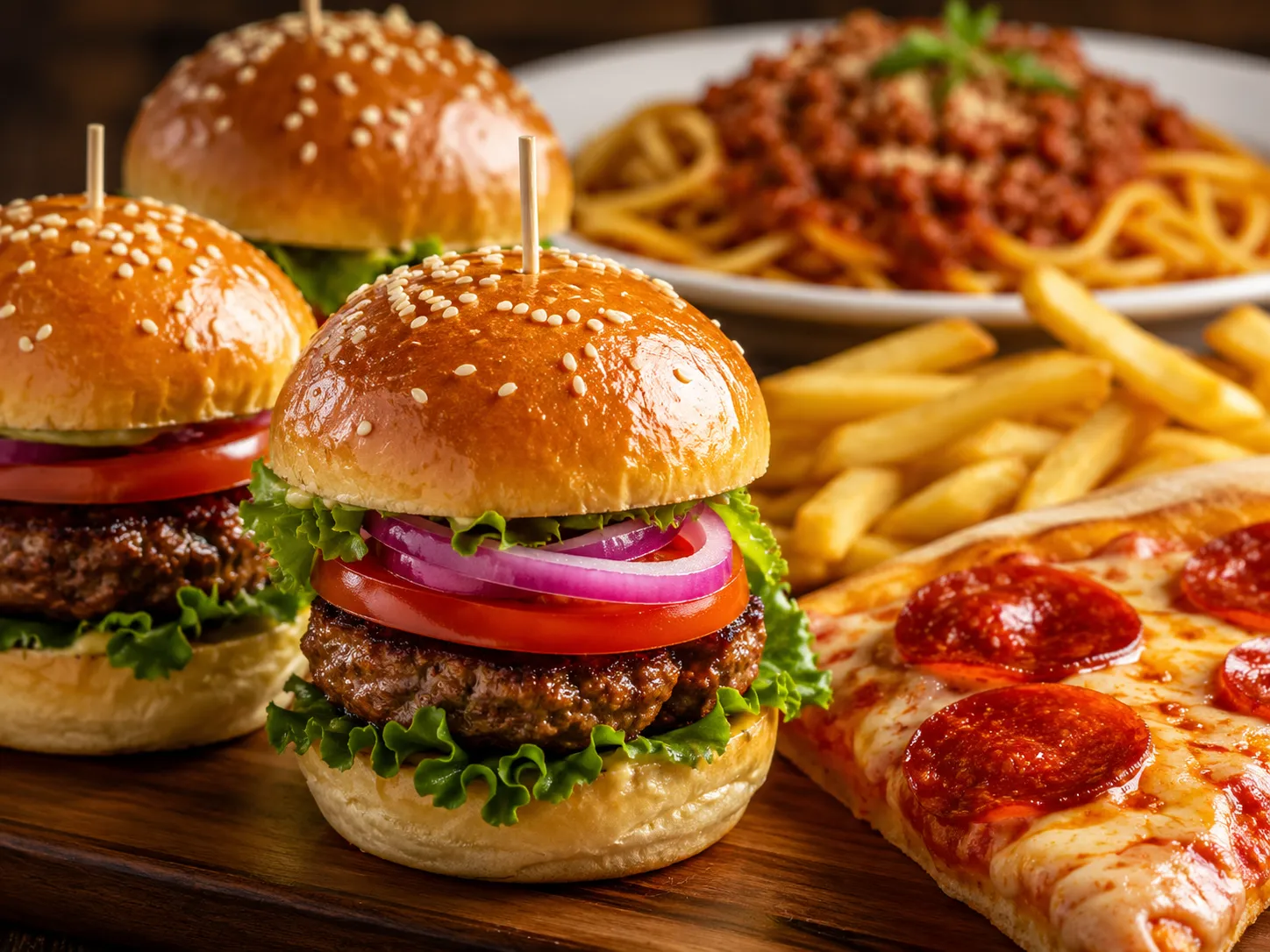 Buffet de pizza, pasta, hamburguesas y papas
